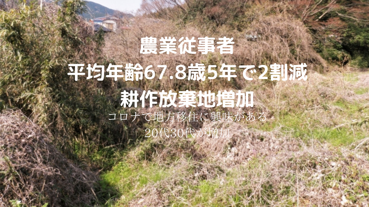 農業従事者、平均年齢67.8歳、5年で2割減、コロナで地方移住に興味がある20代30代が増加、茅野市、原村で宅地転用な農地の売却買取希望の方はご相談ください